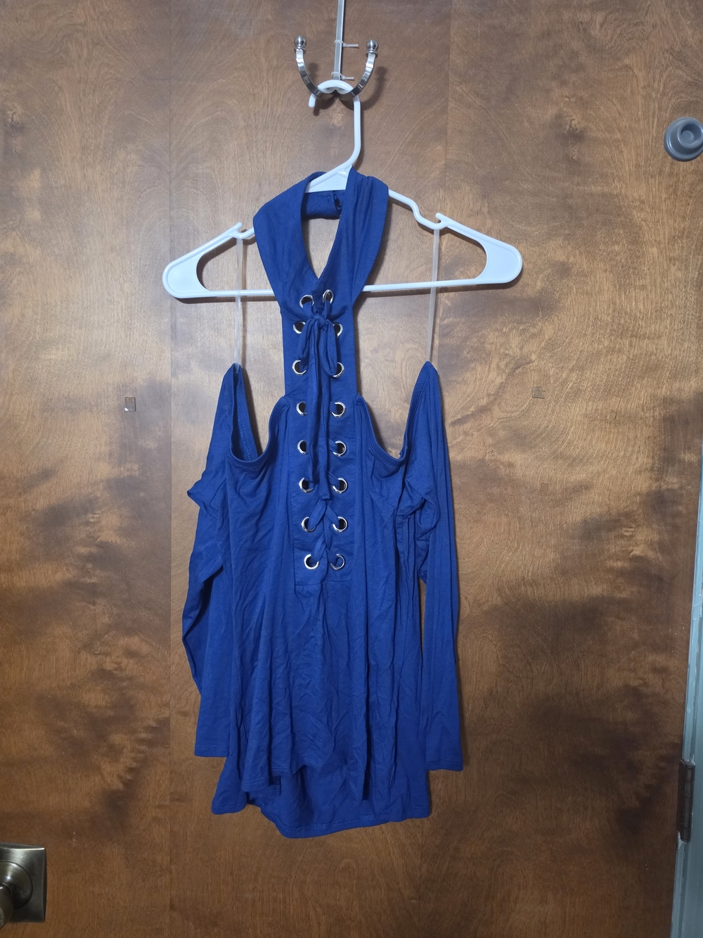 Cold-Shoulder Lace-Up Halter Blouse in Cobalt Blue